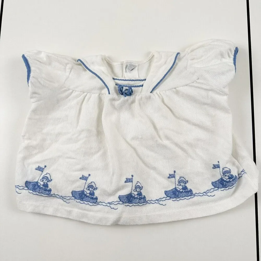 Carters Vintage Baby One Year Snap Shirt White Embroidered Girl Danish Clog Boat - Picture 1 of 7